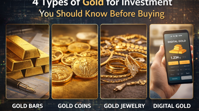 types of gold investment including gold bars coins jewelry and digital gold concept