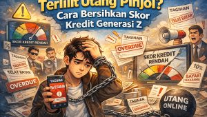Ilustrasi generasi Z terlilit utang pinjaman online dengan skor kredit rendah dan banyak tagihan pinjol