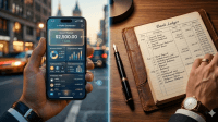 A visual comparison between an e-wallet app on a smartphone and a traditional bank book, representing the global shift in financial technology