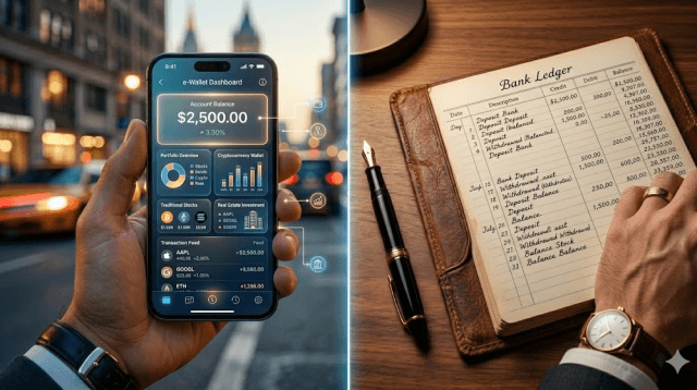 A visual comparison between an e-wallet app on a smartphone and a traditional bank book, representing the global shift in financial technology