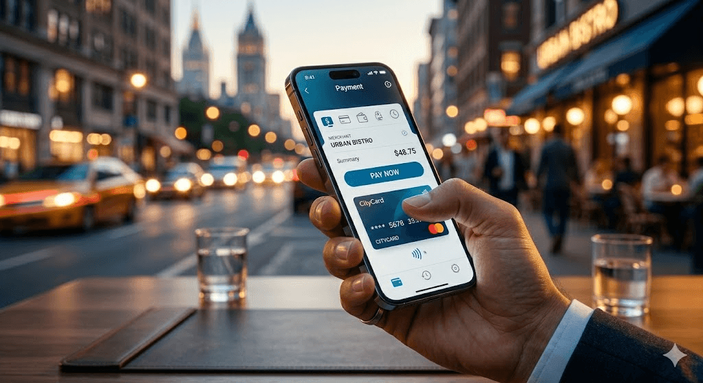 Seseorang menggunakan smartphone untuk transaksi digital sebagai bagian dari penggunaan e-wallet dalam gaya hidup modern.