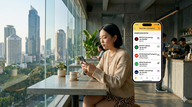 Seorang pemuda Gen Z di Jakarta sedang mengecek tagihan langganan digital di smartphone guna mengatur strategi untuk menabung tambahan uang setiap bulan