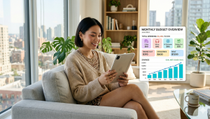gen-z-subscription-management-to-save-an-extra-500 A young Gen Z professional looking at a digital tablet displaying various subscription icons and budget charts intended to save an extra $500 monthly