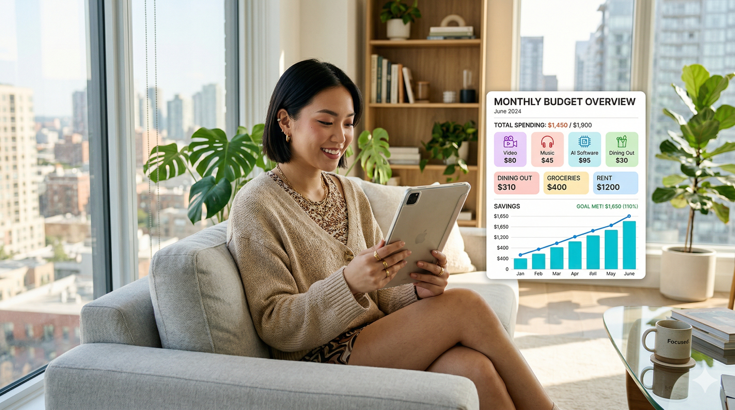 A young Gen Z professional looking at a digital tablet displaying various subscription icons and budget charts intended to save an extra $500 monthly