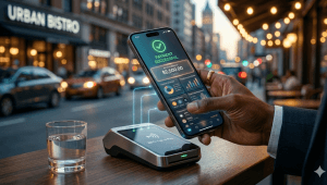 A close-up of a person using an e-wallet on their smartphone for a contactless payment at a modern retail store
