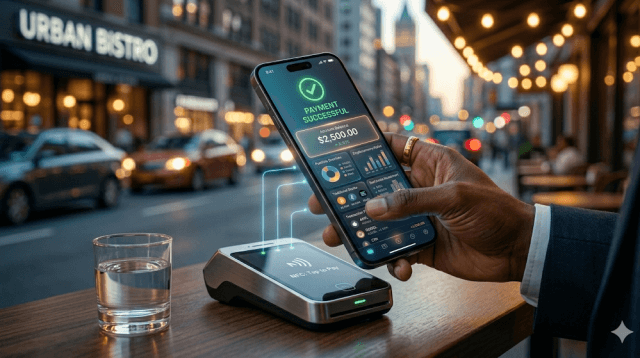 A close-up of a person using an e-wallet on their smartphone for a contactless payment at a modern retail store