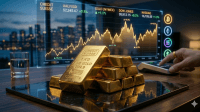 visual representation of gold bars and a digital trading chart showing price fluctuations, illustrating Gold Investment Strategies for 2026.