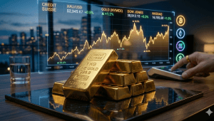 visual representation of gold bars and a digital trading chart showing price fluctuations, illustrating Gold Investment Strategies for 2026.