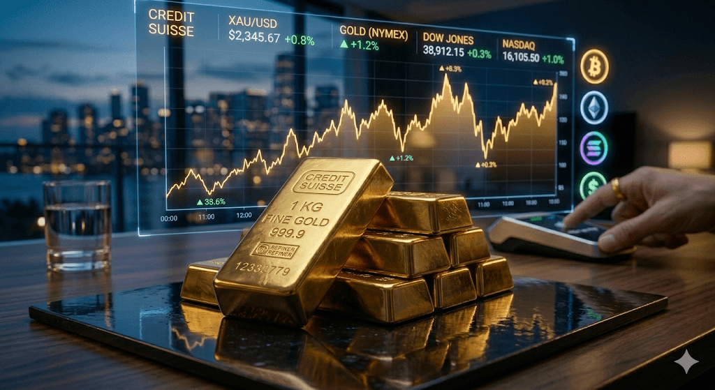 visual representation of gold bars and a digital trading chart showing price fluctuations, illustrating Gold Investment Strategies for 2026.