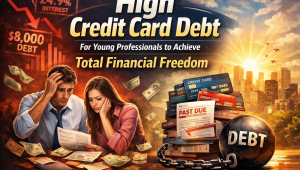 Young professionals struggling with high credit card debt and interest rates while seeking financial freedom.
