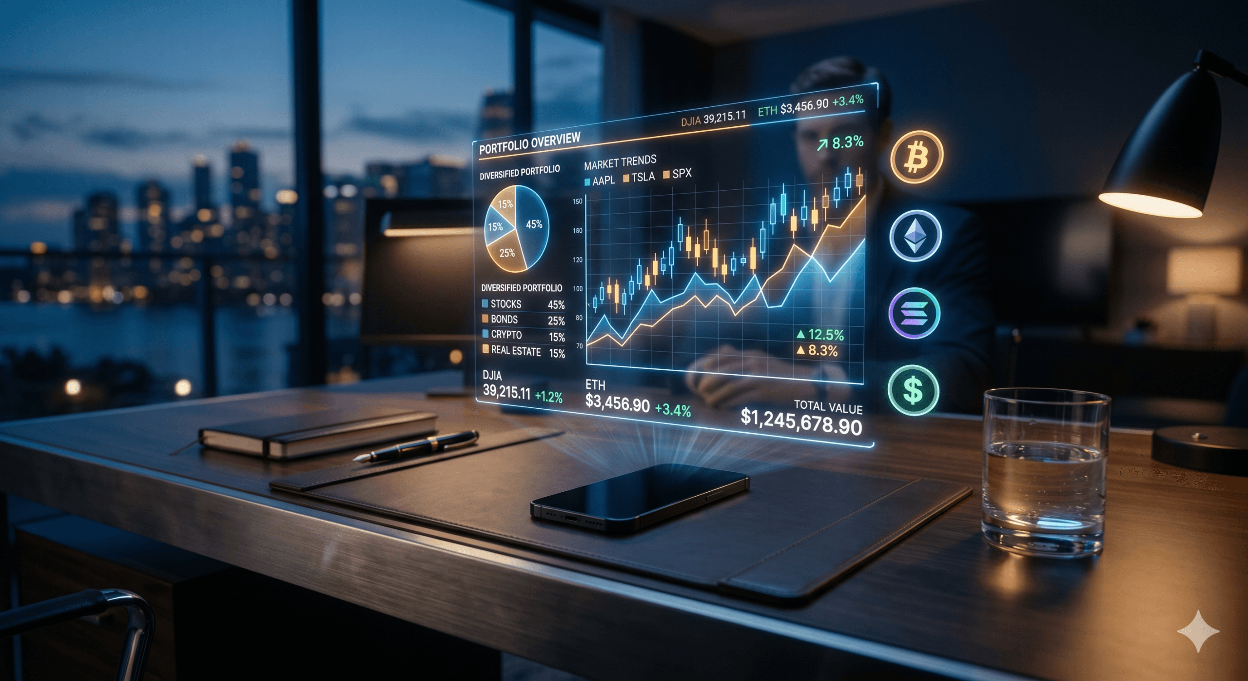 A high-tech visualization of personal finance in the digital era showing digital wallets and global currency symbols