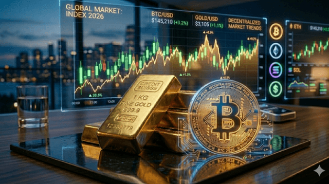 Infografis perbandingan investasi: emas vs. bitcoin di tahun 2026 yang menunjukkan grafik pertumbuhan dan simbol aset digital serta fisik.