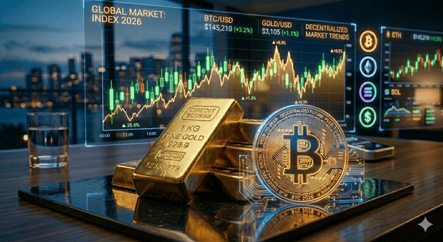 Infografis perbandingan investasi: emas vs. bitcoin di tahun 2026 yang menunjukkan grafik pertumbuhan dan simbol aset digital serta fisik.