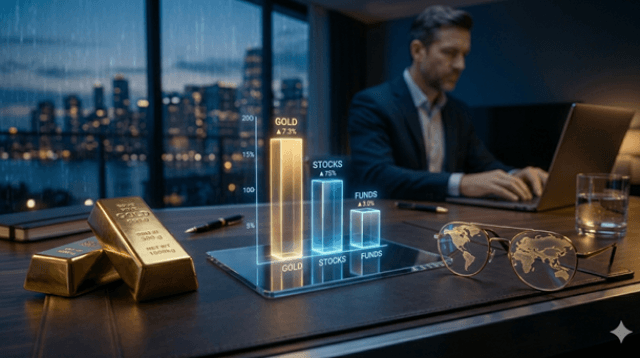 sophisticated visual representation of a diversified investment portfolio featuring gold bars, digital stock charts, and global currency symbols on a sleek marble surface.