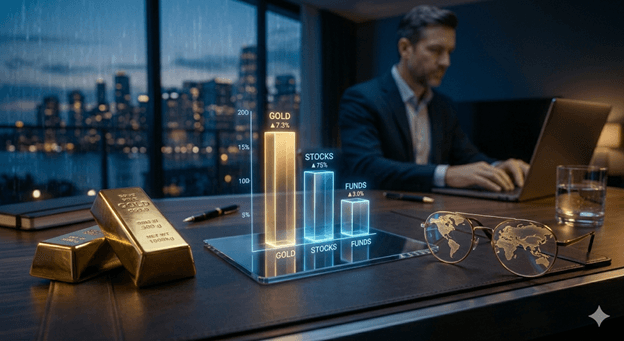 sophisticated visual representation of a diversified investment portfolio featuring gold bars, digital stock charts, and global currency symbols on a sleek marble surface.