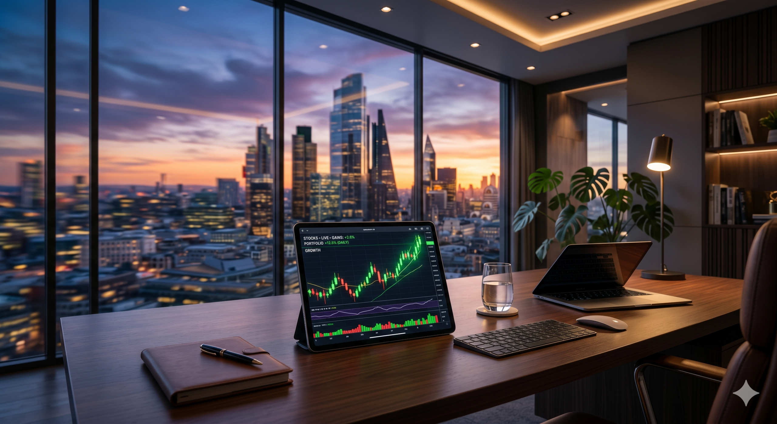 Seseorang sedang menganalisis grafik pertumbuhan saham di tablet untuk mencapai portofolio cuan maksimal.