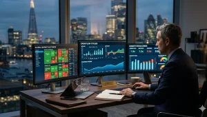 A high-end digital dashboard displaying strategic cash flow management metrics and global financial trends