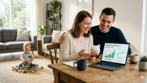 A young family sitting together planning their budget to achieve long-term financial security